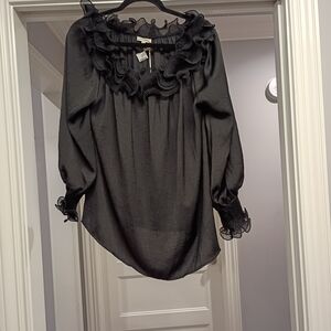 Elegant Black Ruffled Women's Sz L Blouse Top NWT